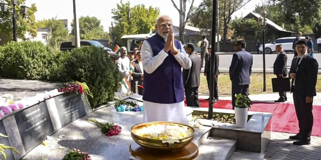 PM Modi pays tribute to Mahatma Gandhi in Kyrgyzstan