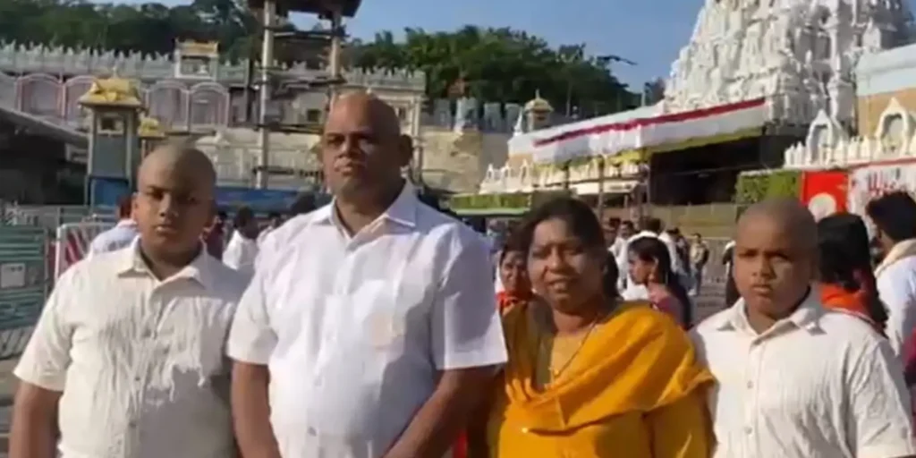 Sri Lankan MP Elayathamby Sreenath offers prayers at Sri Venkateswara Swamy Temple in Andhra Pradesh